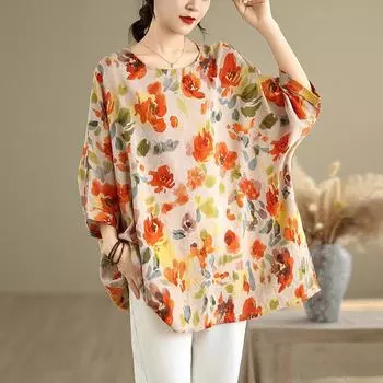 DIMANAF 2025 Летняя футболка больших размеров для женщин с цветочным принтом и рукавами «летучая мышь», свободные топы, повседневные One Size
