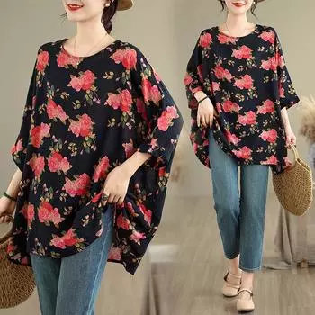 DIMANAF 2025 Летняя футболка больших размеров для женщин с цветочным принтом и рукавами «летучая мышь», свободные топы, повседневные One Size