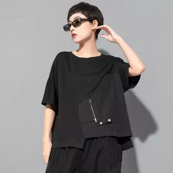 DIMANAF 2025 Летняя Футболка Большого Размера Женская Асимметричный Короткий Рукав Однотонная Хлопковая Свободная Черная Майка Футболки Повседневная M чёрный