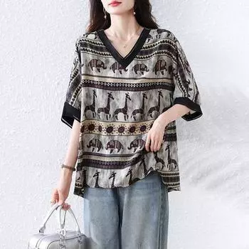 DIMANAF 2025 Летняя Футболка Большого Размера Оверсайз с V-образным Вырезом Женская Свободная Модная Футболка с Принтом Повседневная Новая Рубашка L чёрный