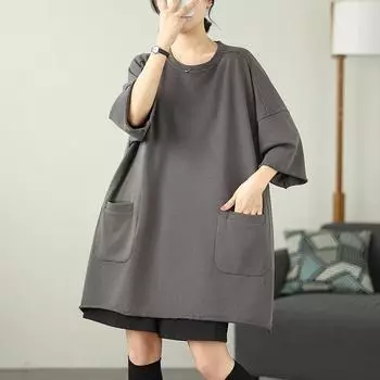 DIMANAF 2025 Летняя футболка большого размера с карманом для женщин, однотонная, с коротким рукавом, свободная, белая, черная, повседневная One Size белый