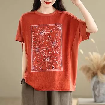 DIMANAF 2025 Летняя футболка большого размера из хлопка с принтом «летучая мышь» с цветочным принтом для женщин с круглым вырезом и коротким рукавом, свободные однотонные топы, футболки L темно-синий