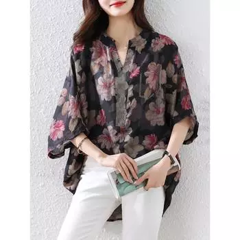 DIMANAF 2025 Летняя футболка большого размера Блузка женская Базовая винтажная свободная повседневная футболка с цветочным принтом L чёрный