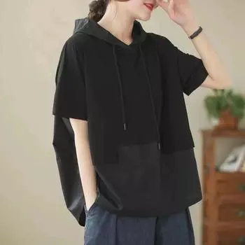 DIMANAF 2025 Летняя футболка с капюшоном Толстовки Пуловеры Лоскутные топы Женские свободные повседневные желтые однотонные хлопковые One Size чёрный