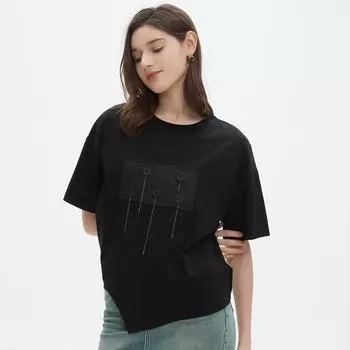 DIMANAF 2025 Летняя футболка с карманами для женщин с принтом на пуговицах, асимметричная, с коротким рукавом, свободная One Size чёрный