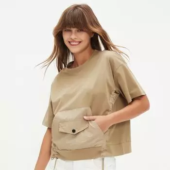 DIMANAF 2025 Летняя футболка с карманами на пуговицах Женская с принтом Асимметричная с длинным рукавом Свободная белая черная One Size бежевый