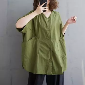 DIMANAF 2025 Летняя футболка с V-образным вырезом однотонная большого размера женская с коротким рукавом на пуговицах свободные топы футболки L зелёный