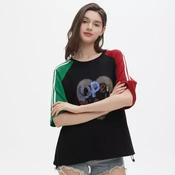 DIMANAF 2025 Летняя футболка женская полосатая буквенная печать асимметричная с коротким рукавом свободная белая черная One Size белый