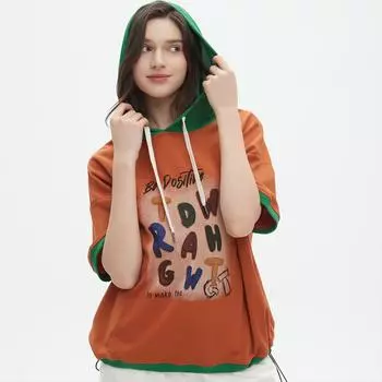 DIMANAF 2025 Летняя футболка женская с капюшоном и принтом букв, свободная, с коротким рукавом, белая, черная One size чёрный