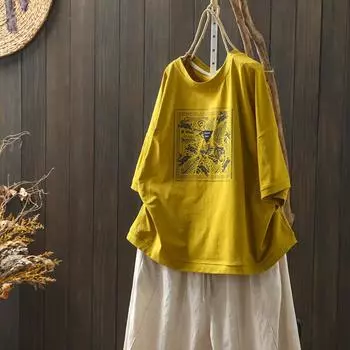 DIMANAF 2025 Летняя футболка Женская с коротким рукавом Свободные топы Футболки One Size