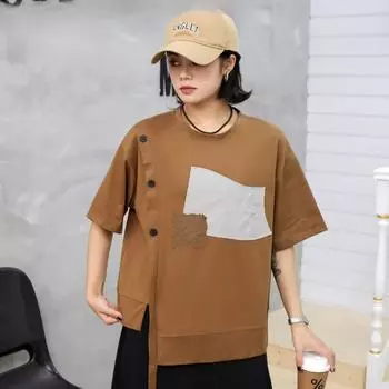 Dimanaf 2025 Летняя футболка женская с принтом асимметричная с длинным рукавом свободная белая черная One Size бежевый