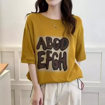DIMANAF 2025 Летняя футболка женская с принтом букв асимметричная с коротким рукавом свободная белая черная One size жёлтый