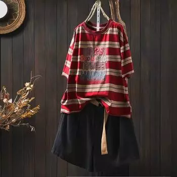 Dimanaf 2025 Летняя футболка женская с принтом в виде полосок и букв с коротким рукавом, свободная, белая, черная One Size красный