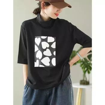 DIMANAF 2025 Летняя футболка женская с высоким воротом и принтом букв, с коротким рукавом, свободная, белая, черная, зеленая One Size чёрный