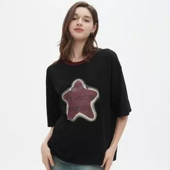 DIMANAF 2025 Летняя футболка женская со звездным принтом, асимметричная, с коротким рукавом, свободная, белая, черная One size чёрный