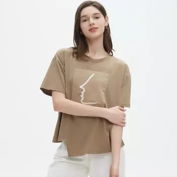 DIMANAF 2025 Летняя хлопковая футболка женская с принтом асимметричная с коротким рукавом свободная One Size