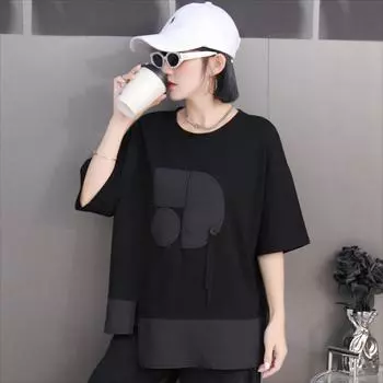 DIMANAF 2025 Летняя хлопковая футболка женская с принтом асимметричная с коротким рукавом свободная One Size