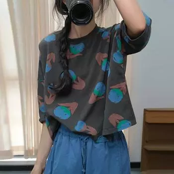 DIMANAF 2025 Летняя короткая футболка женская с цветочным принтом с коротким рукавом свободная белая черная чёрный