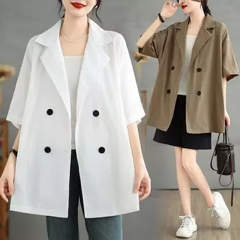 DIMANAF 2025 Летняя куртка больших размеров для женщин, топы, новое пальто, повседневная однотонная свободная верхняя одежда One Size чёрный