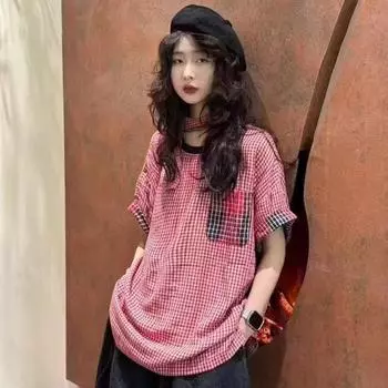 DIMANAF 2025 Летняя льняная футболка женская с принтом в клетку с коротким рукавом свободная зеленая футболка черная One Size красный