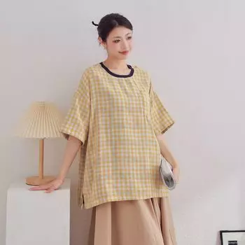 DIMANAF 2025 Летняя льняная клетчатая футболка женская с принтом в складку с коротким рукавом Желтая свободная футболка One Size жёлтый