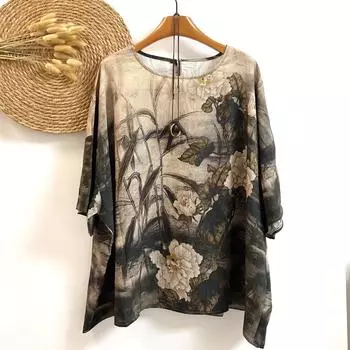 DIMANAF 2025 Летняя новая футболка большого размера для женщин больших размеров с коротким рукавом и цветочным принтом, льняные топы, футболки One Size чёрный