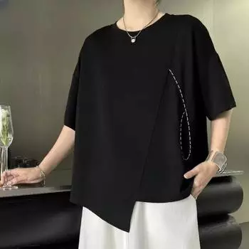DIMANAF 2025 Летняя однотонная футболка больших размеров Женская с коротким рукавом Длинные свободные топы Футболки One Size чёрный