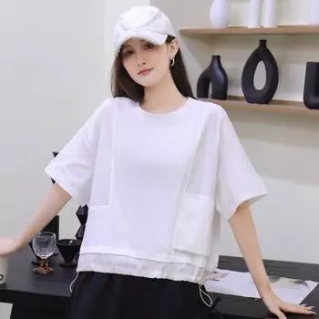 DIMANAF 2025 Летняя однотонная футболка больших размеров Женская с карманами, с коротким рукавом, на длинных пуговицах, свободные топы, футболки One Size