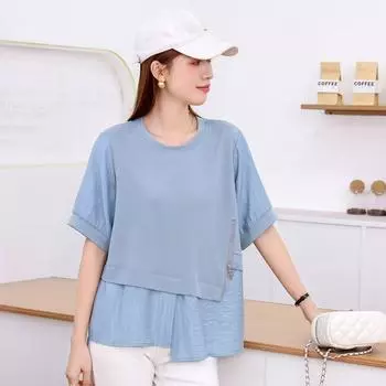 DIMANAF 2025 Летняя однотонная футболка больших размеров для женщин с коротким рукавом и длинными пуговицами, свободные топы, футболки One Size синий