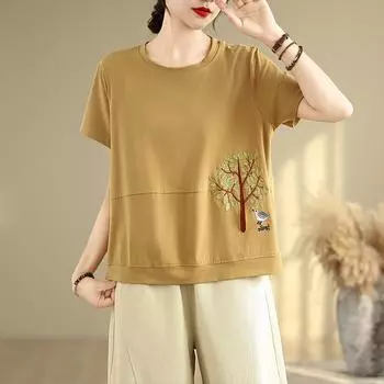 DIMANAF 2025 Летняя однотонная футболка больших размеров Женская с коротким рукавом Хлопковая Свободная Топы Футболки L жёлтый