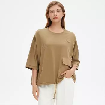 DIMANAF 2025 Летняя однотонная футболка больших размеров для женщин с коротким рукавом и длинными пуговицами, свободные топы, футболки One Size бежевый