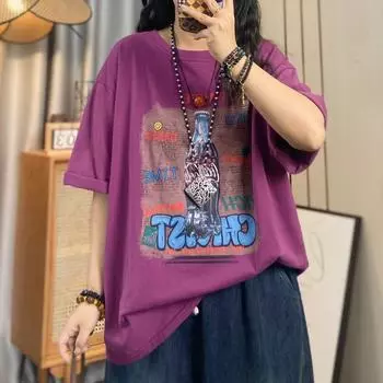 DIMANAF 2025 Летняя однотонная футболка большого размера для женщин с принтом и коротким рукавом, свободные топы, футболки One Size