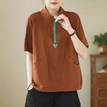 DIMANAF 2025 Летняя однотонная футболка на молнии для женщин с коротким рукавом, длинные свободные топы, футболки One Size