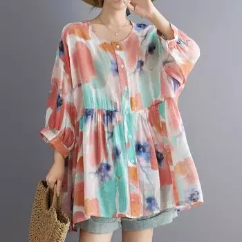 DIMANAF 2025 Летняя рубашка больших размеров Новая блузка Женская на пуговицах С длинным рукавом Свободная С принтом Женские топы One Size красный