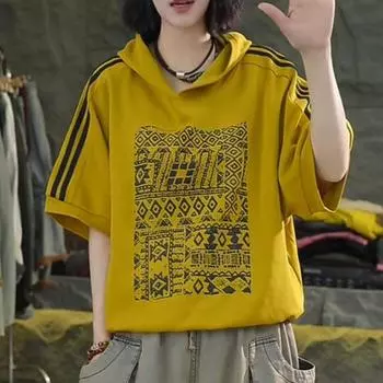 DIMANAF 2025 Летняя толстовка с капюшоном в полоску, хлопковая футболка для женщин с принтом в виде букв и полосок, короткий рукав, свободный, белый, черный One Size