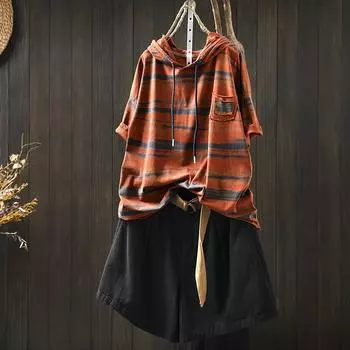 DIMANAF 2025 Летняя толстовка с капюшоном Женская с принтом в виде полосок и букв, свободная, с коротким рукавом, оранжевая, черная толстовка с капюшоном One Size