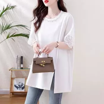 DIMANAF 2025 Летняя женская футболка больших размеров, классическая, повседневная, свободная, кружевная, сшитая, элегантные топы, футболки, большие размеры M белый