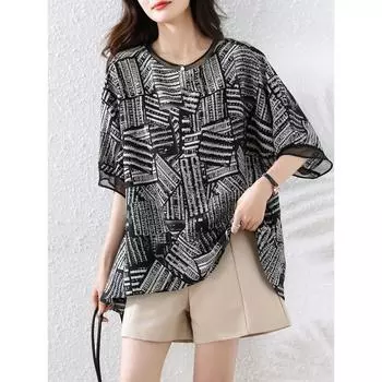 Dimanaf 2025 Летняя женская футболка больших размеров, базовая, винтажная, свободная, с принтом, модные повседневные топы, футболки L чёрный