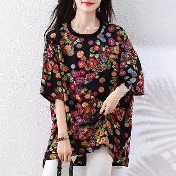 Dimanaf 2025 Летняя женская футболка больших размеров, базовая, винтажная, свободная, с цветочным принтом, повседневные топы, футболки L чёрный