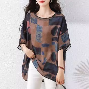 Dimanaf 2025 Летняя женская футболка больших размеров с винтажным принтом, свободные, оверсайз, модные повседневные топы, футболки L коричневый