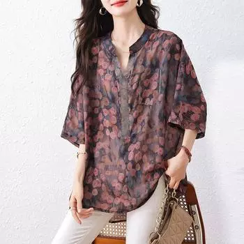 DIMANAF 2025 Летняя женская футболка больших размеров Базовая Винтажная Цветочная Оверсайз Модная Повседневная Свободная Майка Футболка L красный