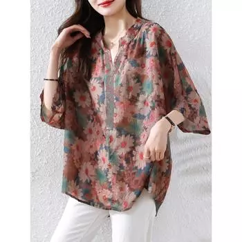 DIMANAF 2025 Летняя женская футболка больших размеров, блузка, базовая винтажная свободная оверсайз, с цветочным принтом, повседневные топы, футболки L розовый