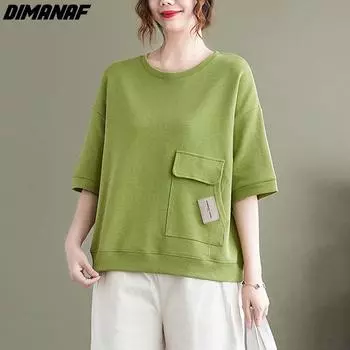 Dimanaf 2025 Летняя женская футболка летучая мышь хлопковая футболка модные лоскутные топы футболки туника рубашка свободный карман повседневный однотонный большой размер One Size зелёный