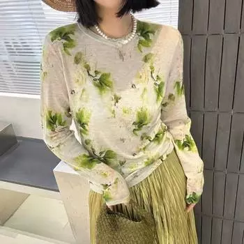 DIMANAF 2025 Летняя женская прозрачная футболка с принтом и защитой от солнца, базовые новые модные топы, футболки, повседневные свободные футболки one size зелёный