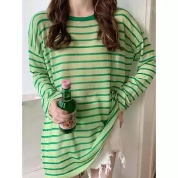 DIMANAF 2025 Летняя женская прозрачная полосатая солнцезащитная пляжная футболка Базовые новые модные топы футболки повседневные свободные футболки One Size зелёный