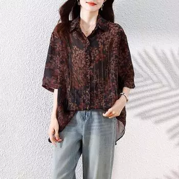 Dimanaf 2025 Лето Большой Размер Блузка с Короткими Рукавами Оверсайз Футболка Женская Свободные Топы Футболки Мода Новая Рубашка L коричневый