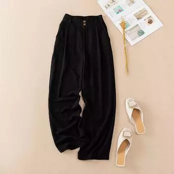 Dimanaf 2025 Лето Большой Размер Длинные Брюки Женские Эластичные Повседневные Брюки Шаровары Высокая Посадка Свободные Базовые Брюки Широкие Брюки 5XL L чёрный