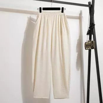 Dimanaf 2025 Лето Большой Размер Длинные Брюки Женские Эластичные Брюки-Шаровары Свободные Базовые Брюки Высокая Посадка Повседневные Широкие Брюки 5XL L бежевый