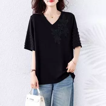 Dimanaf 2025 Лето Большой размер Футболка с короткими рукавами Женщины V-образный вырез Свободные Черные Топы Футболки Оверсайз Новая Футболка L чёрный