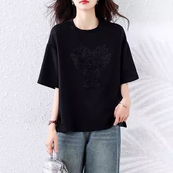 Dimanaf 2025 Лето Большой размер Футболка с короткими рукавами Женщины Свободные Черные Топы Футболки Оверсайз Новая Футболка L чёрный
